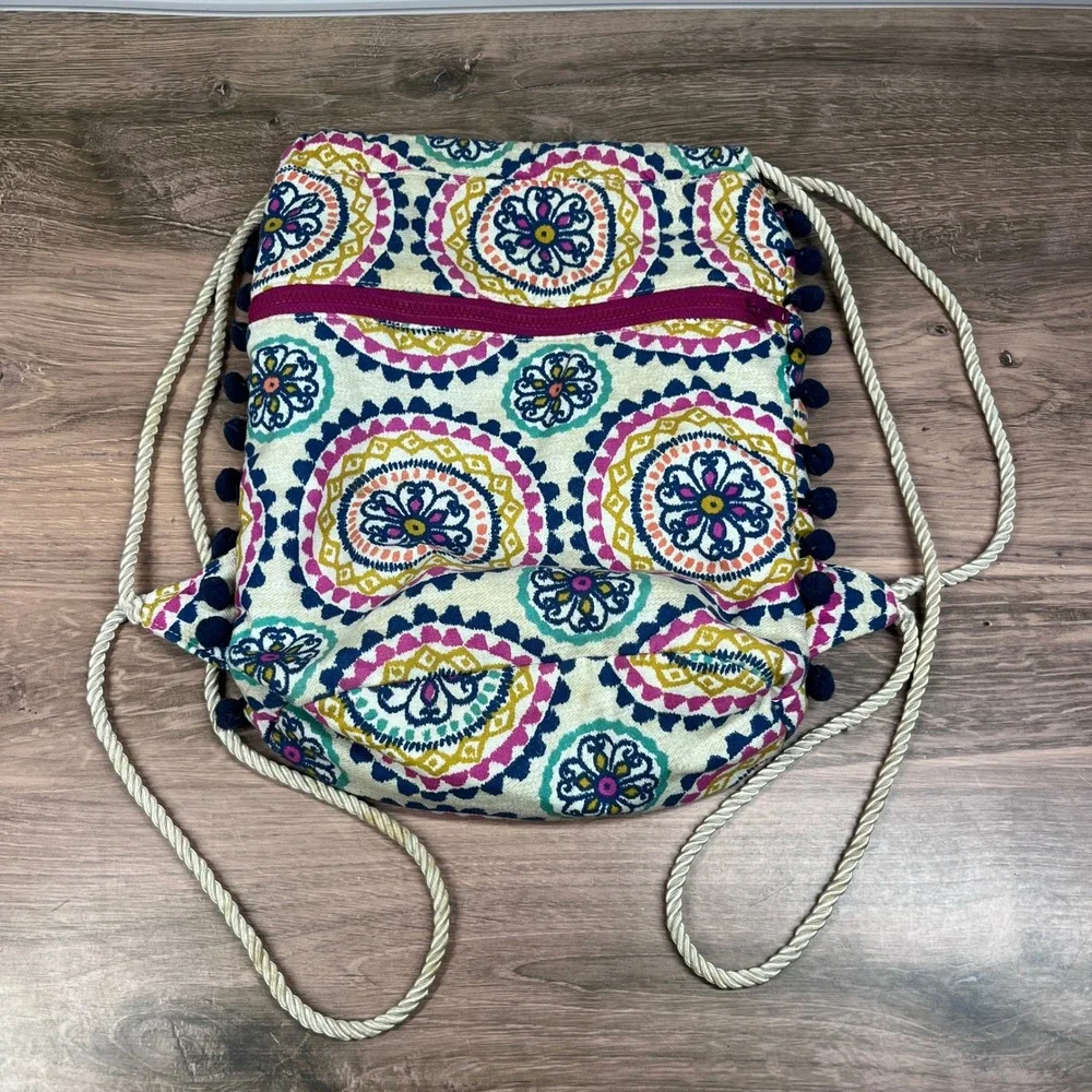 Douglas Company‎ Drawstring Backpack Multicolor Medallion Pom-Pom Trim Boho